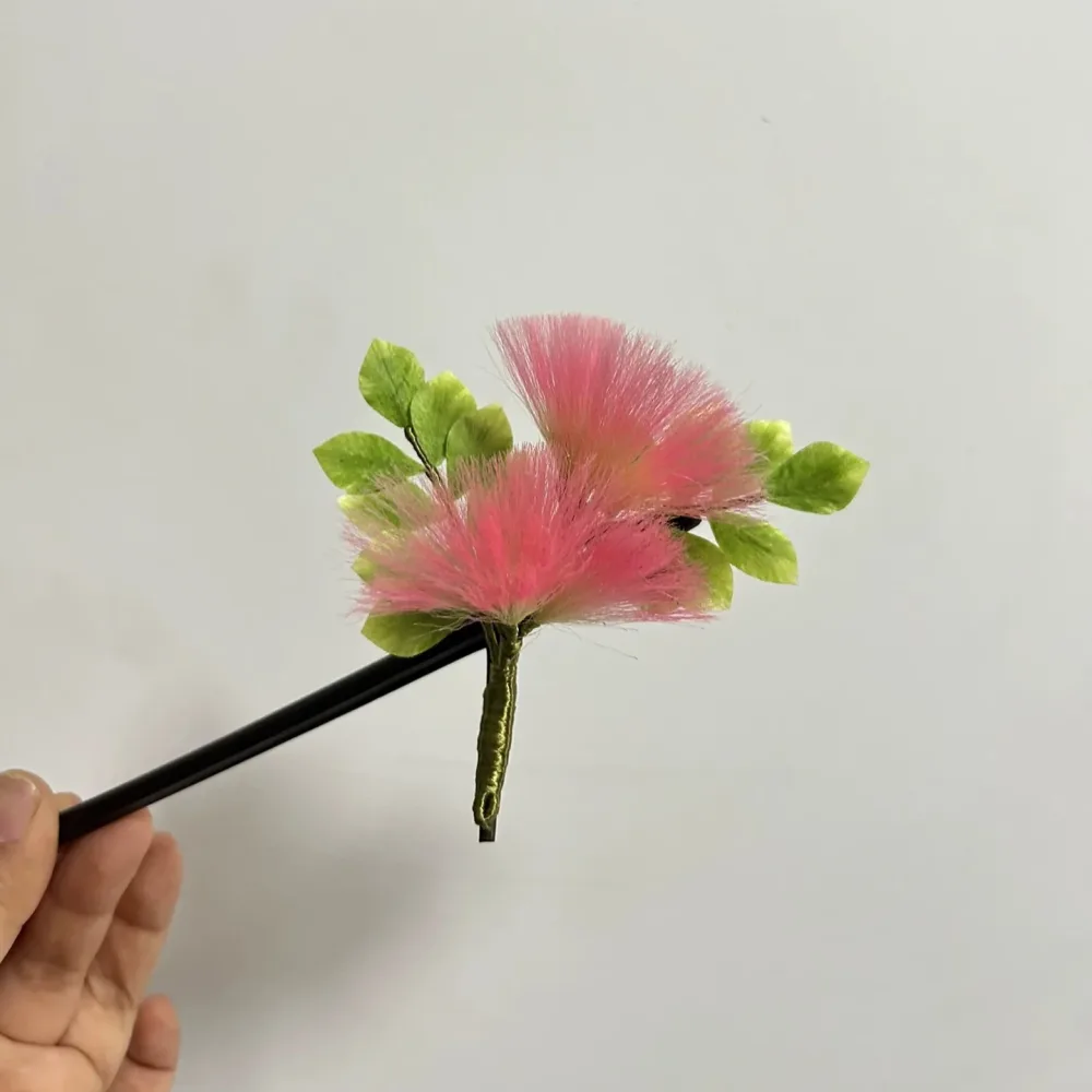 Handmade Ronghua Silk Albizia Flower Hairpin - Pink Mimosa Velvet Flower Kanzashi Hairpin – Image 3