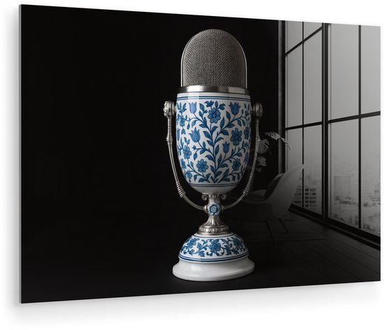 MuchoWow® Peinture sur verre 90x60 cm - Peinture sur verre acrylique - Microphone - Bleu de Delft - Musique - Photo sur verre - Décoration murale salon - Décoration murale chambre - Peintures