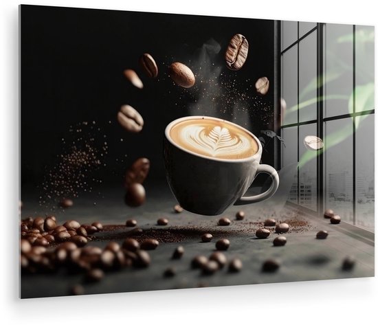 MuchoWow® Peinture sur verre 30x20 cm - Peinture acrylique sur verre - Cappuccino - Tasse - Haricots - Marron - Photo sur verre - Décoration murale salon - Décoration murale chambre - Peintures