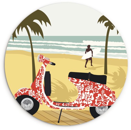 Illustration d'une Vespa rouge sur la plage Assiette en plastique cercle mural ⌀ 120 cm - impression photo sur cercle mural / cercle vivant (décoration murale) XXL / Groot format!
