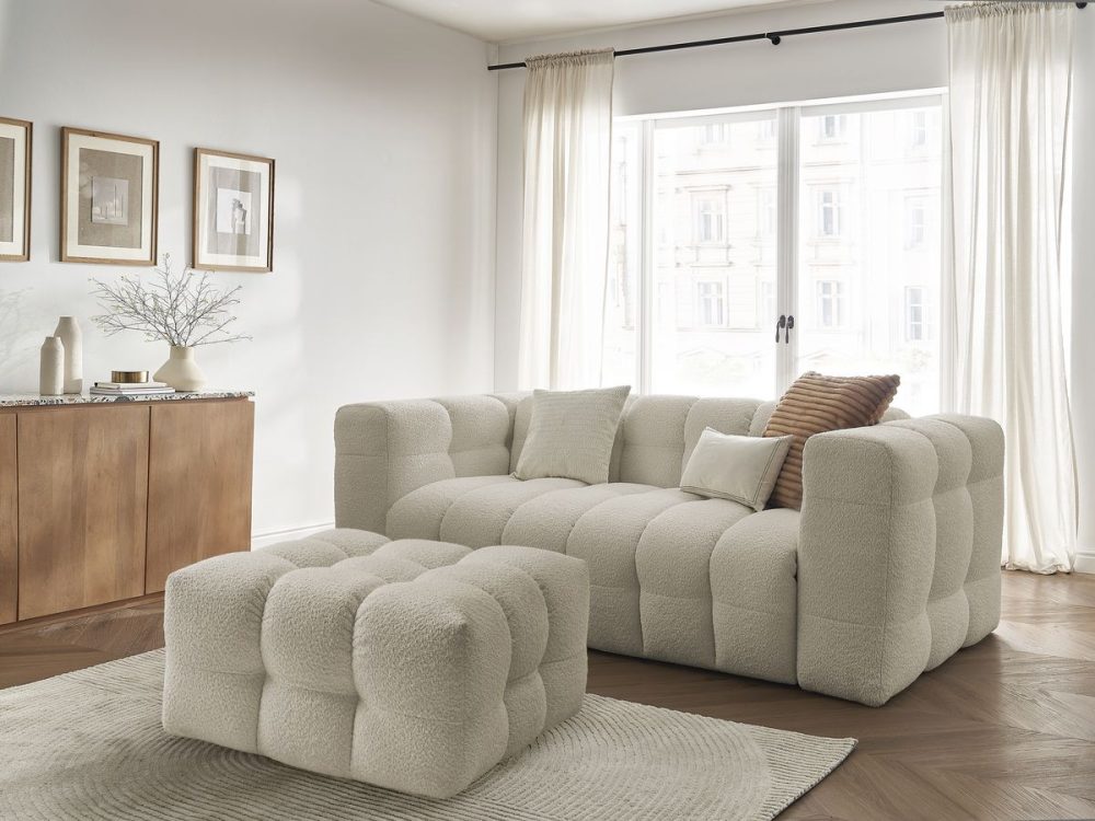 Canape droit convertible ouverture express 3 places CLOUD tissu bouclette avec pouf – Image 2