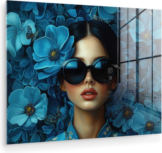 MuchoWow® Peinture sur verre 120x90 cm - Peinture sur verre acrylique - Femme - Fleurs - Blauw - Esthétique - Luxe - Photo sur verre - Décoration murale salon - Décoration murale chambre - Peintures