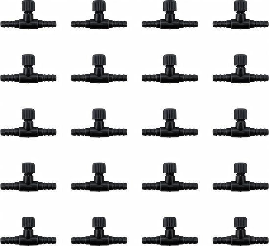 Lot de 20 régulateurs d'air - Régulateurs d'air pour aquarium - Régulateurs en forme de T - Régulateurs de débit - Réglables, faciles à installer - Plastique - 3,8×0,5×2,0 cm - Convient aux aquariums, pompes à air et tuyaux de 4 mm - Noir