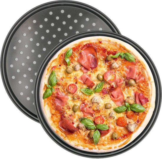 Intirilife 2x Plaque à pizza ronde en acier au carbone, noire - 32 x 1,5 cm - Plaque de cuisson ronde pour pizza, plaque croustillante, perforée, antiadhésive