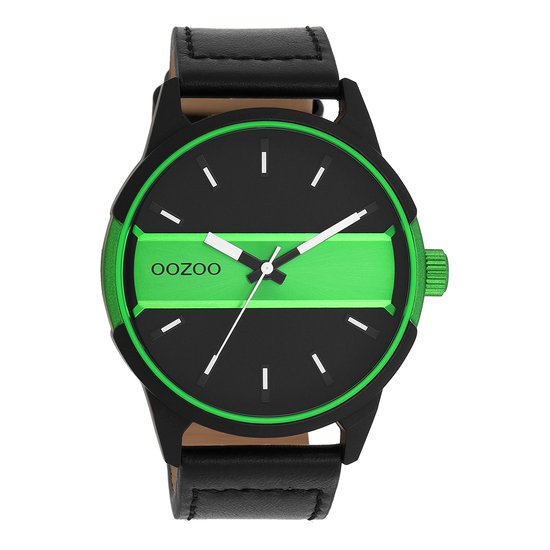 OOZOO Timepieces - Montre OOZOO Zwart /vert fluo avec bracelet en cuir noir - C11234