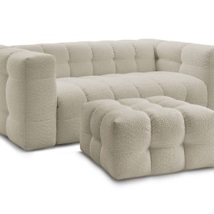 Canape droit convertible ouverture express 3 places CLOUD tissu bouclette avec pouf