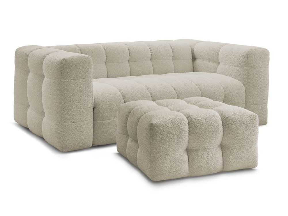 Canape droit convertible ouverture express 3 places CLOUD tissu bouclette avec pouf