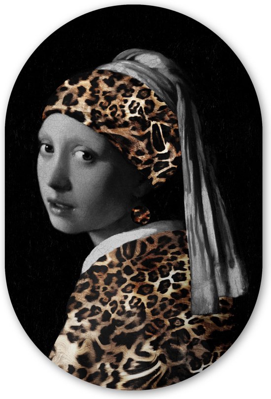 Ovale mural - Décoration murale en plastique - Tableau ovale - La jeune fille à la perle - Johannes Vermeer - Imprimé panthère - 40x60 cm - Forme miroir ovale sur plastique