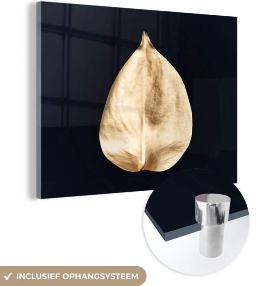 MuchoWow® Peinture sur verre 160x120 cm - Peinture sur verre acrylique - Feuilles - Noir et or - Zwart - Or - Luxe - Photo sur verre - Peintures