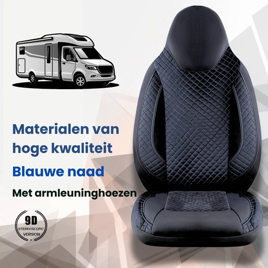Housses de siège pour caravane Peugeot Boxer | camping-car en forme, ensemble de 2 pièces - côté conducteur 1 + 1 côté passager | Avec housses d'accoudoirs | CBA102 | Zwart avec couture bleue