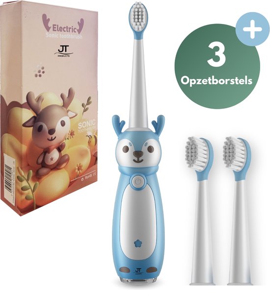 JT Products Brosse à dents électrique sonique Bébé Blauw - 1 à 4 ans - Rechargeable - Avec minuterie - 3 modes de brossage - Bambin - Enfant - Etanche - Sonic - Cadeau Bébé - Vibrante - Brosse à dents électrique Enfants - Brosse à dents électrique