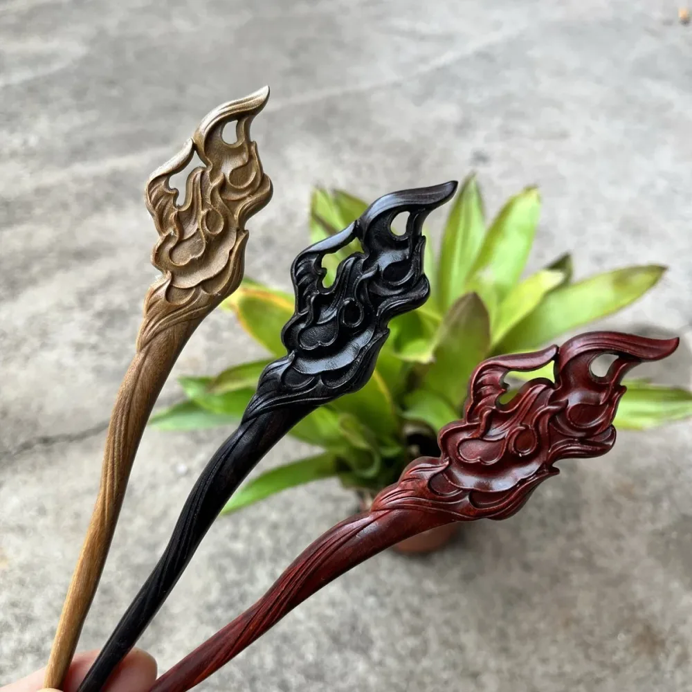 Natural Wooden Flame Hair Stick Set - 19cm Hairpin (火焰) – Image 2