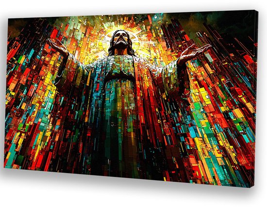 Jésus en abstraction colorée - Toile Christ - Art mural Jésus - Art abstrait - Décoration salon industriel - Accessoires salon - Toile 90x60 cm
