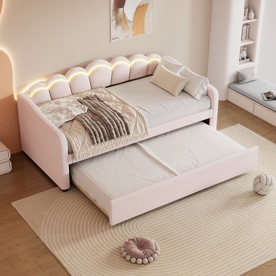 MIVRAY Lit de repos 90x200 cm - Lit gigogne coulissant avec éclairage d'ambiance LED - Pour chambre à coucher et chambre d'amis - Velours - Rose - Sans matelas