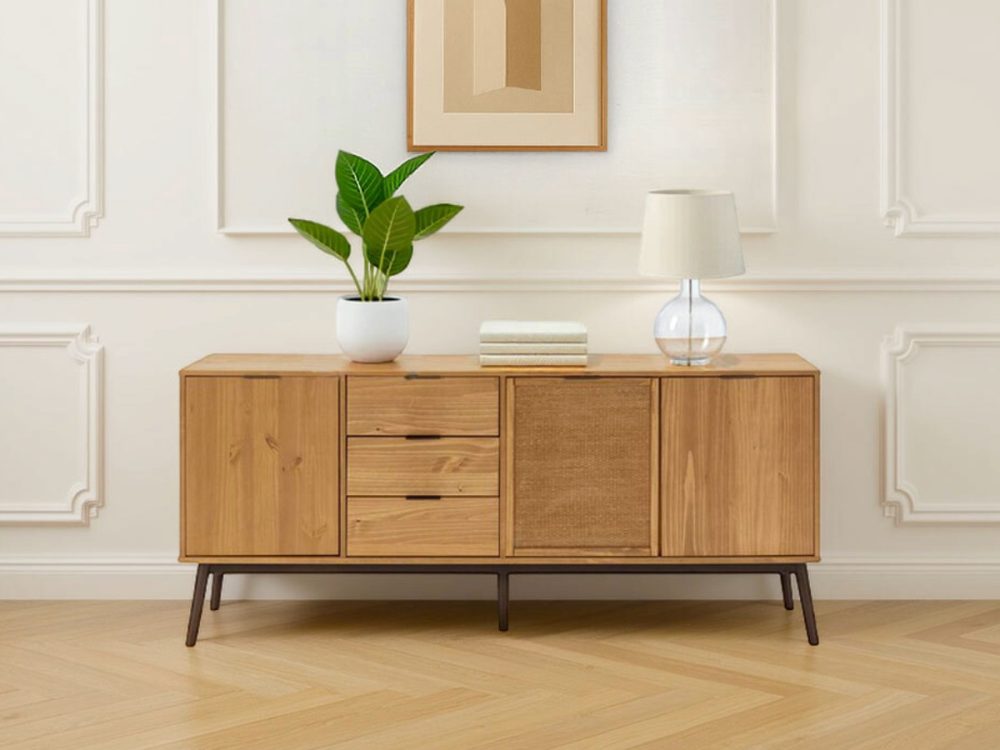 Buffet 3 portes 186 cm ALBI bois massif et rotin – Image 2