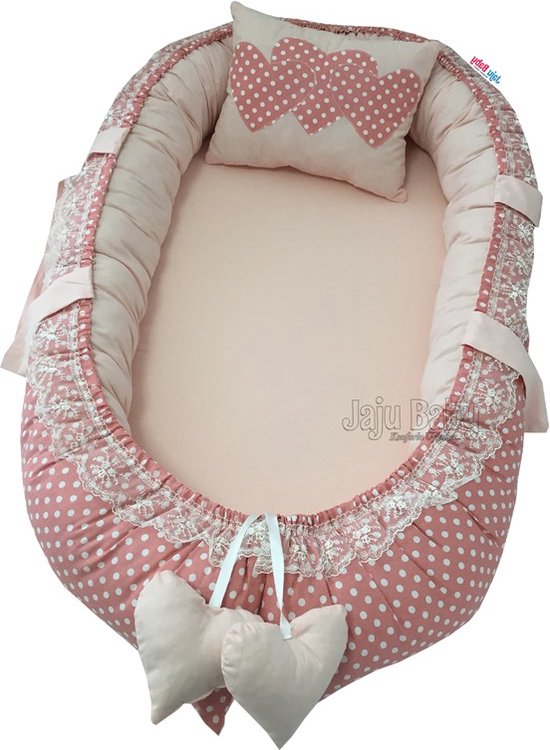 Jaju Bébé - Nid et Oreiller Bébé - Katoen Biologique - Nid Antibacterieel - Nid Anti-Allergique - Pois - Orthopédie - 74 x 40 cm