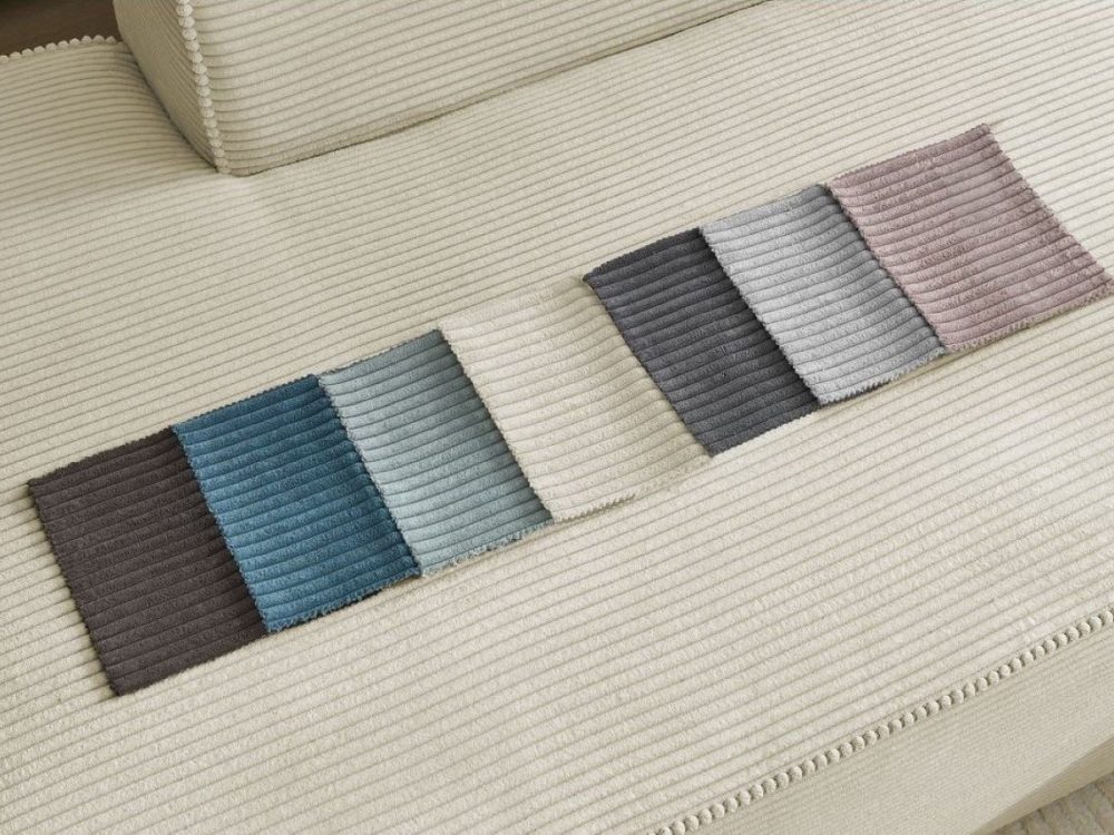 Canape d'angle fixe modulable MEGEVE tissu velours cotele avec 1 chauffeuse et 1 pouf – Image 3