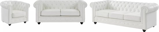 Fauteuil et canapés en simili cuir blanc 3 et 2 places – CHESTERFIELD L 205 cm x H 72 cm x P 88 cm Fauteuil et canapés en simili cuir blanc 3 et 2 places – CHESTERFIELD L 205 cm x H 72 cm x P 88 cm