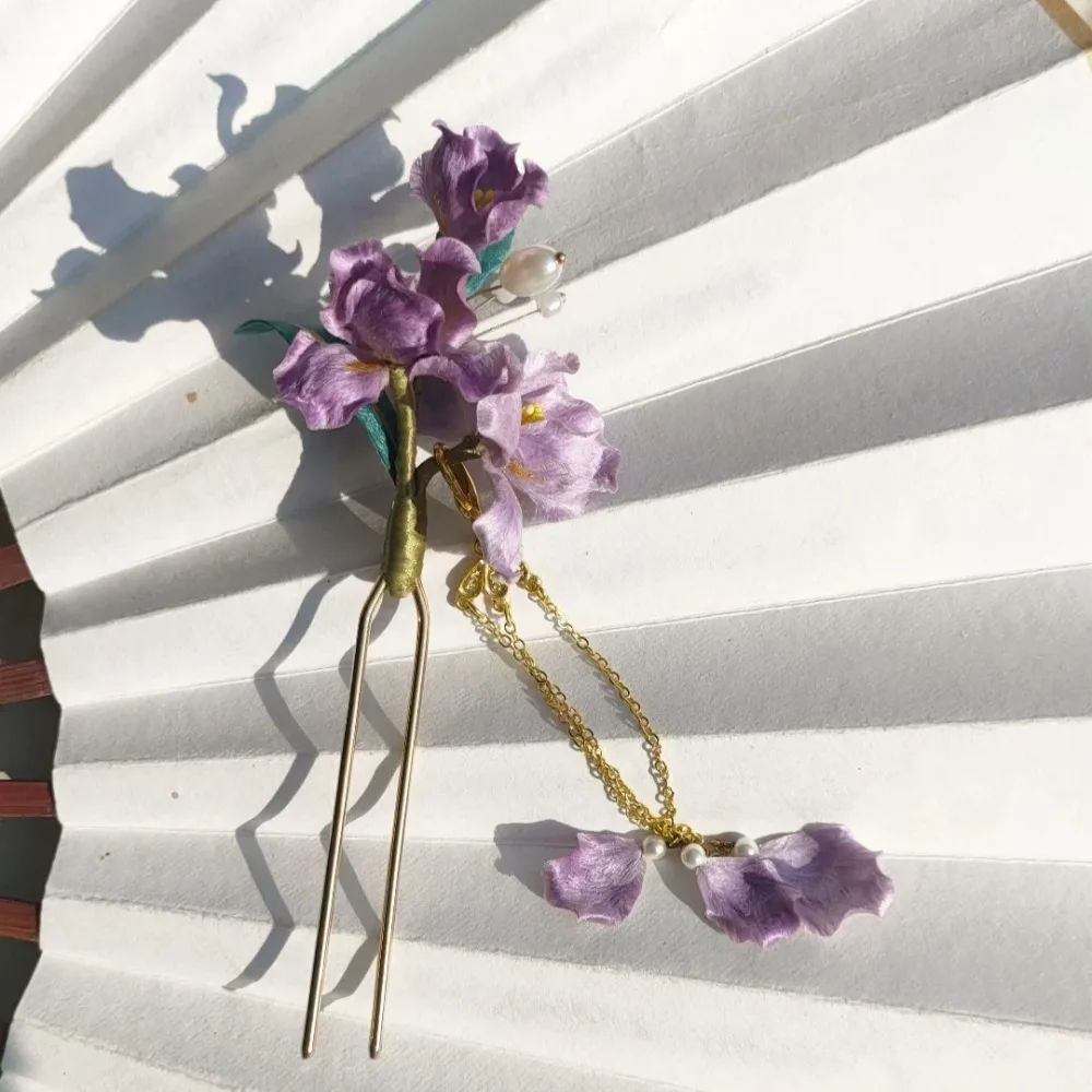 Handmade Iris Ronghua Hairpin - Artisanal Silk Floral Hair Accessory – Image 2