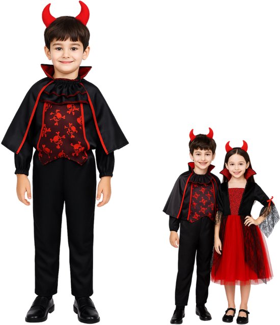 Joya Kids® | Costume enfant vampire | Costume de Dracula pour garçon | Costume d'Halloween avec cape, oreilles de diable et chemise skelet | Déguisement Zwart et rouge | Déguisements taille 110