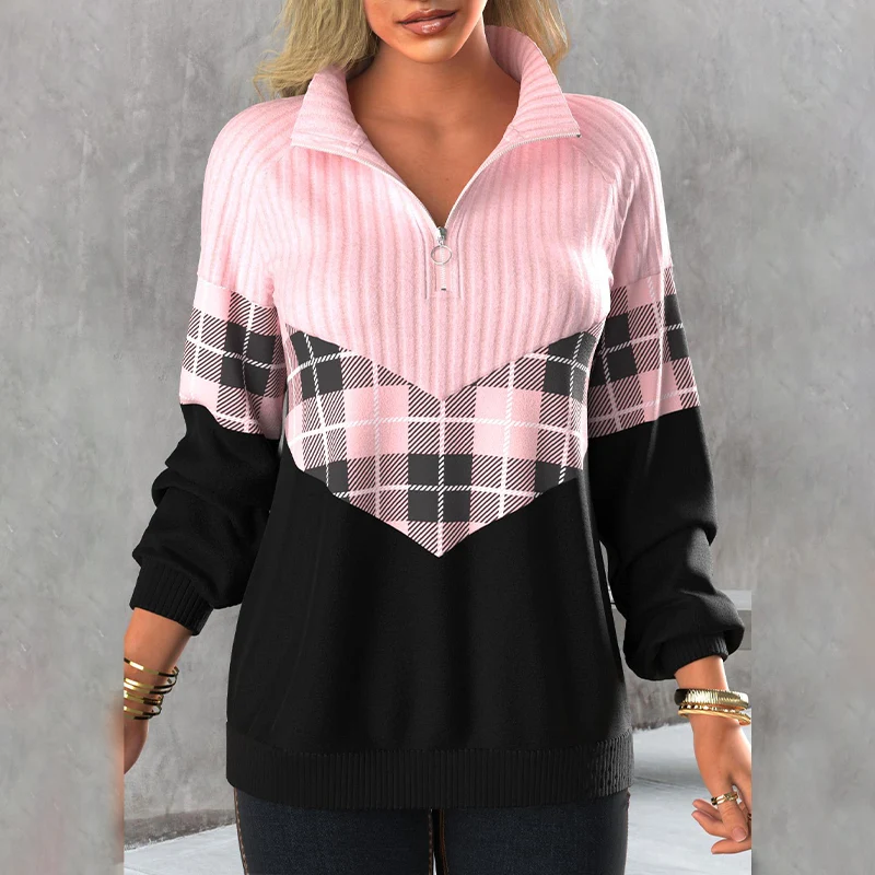 Pull Rose Pâle avec Col et Fermeture Éclair