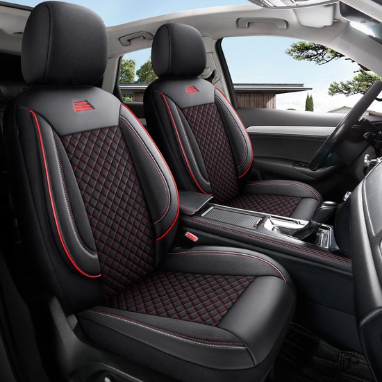 Housses de siège de voiture pour Honda HR- V 3 2021 en forme| Ensemble de 2 pièces | Siège conducteur + passager série AIS | AIS101 | Zwart avec coutures rouges