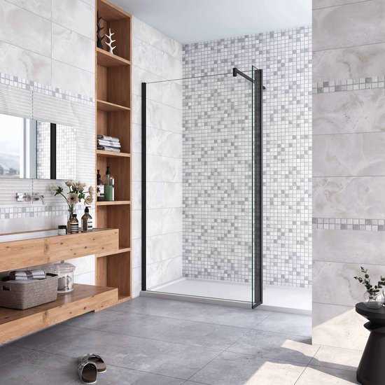 Inloopdouche-douchewand-walk in 8mm NANO EasyClean veiligheidsglas,110x200cm+40x200cm draaibaar hoekprofiel+F-vorm: 140 Stabilisatiestang,mat zwart aluminium profiel.