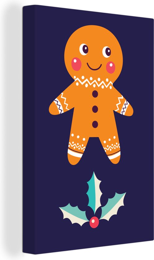 Illustration de Noël d'un bonhomme en pain d'épice et d'un houx 80x120 cm - Tirage photo sur toile (Décoration murale salon / chambre)