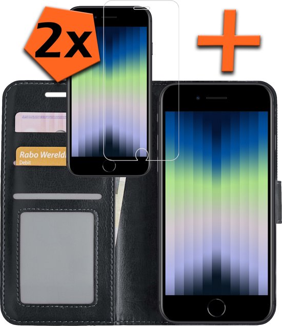 iPhone SE 2022 Case Bookcase With 2x Screen Protector - iPhone SE 2022 Screen Protector 2x - iPhone SE 2022 Book Case With 2x Screen Protector Zwart