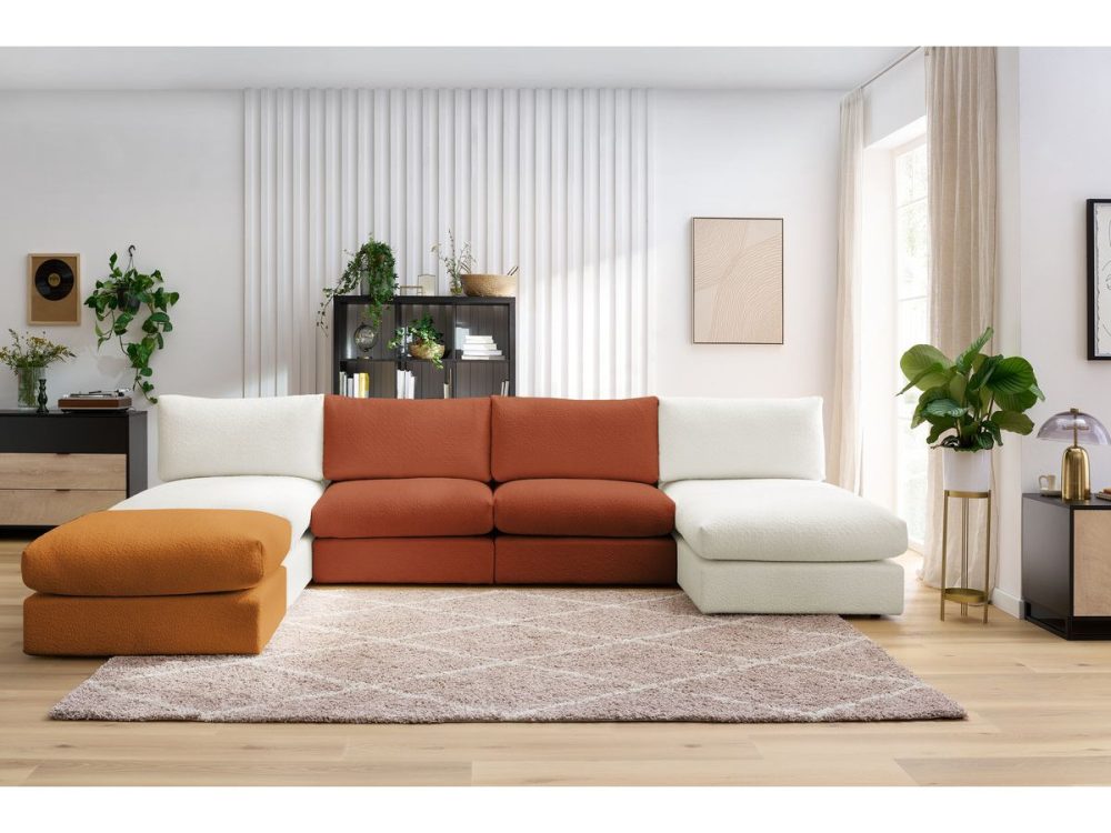 Canape panoramique fixe 100% modulable PARIS tissu bouclette avec 2 chauffeuses, 2 meridiennes, 1 pouf – Image 2