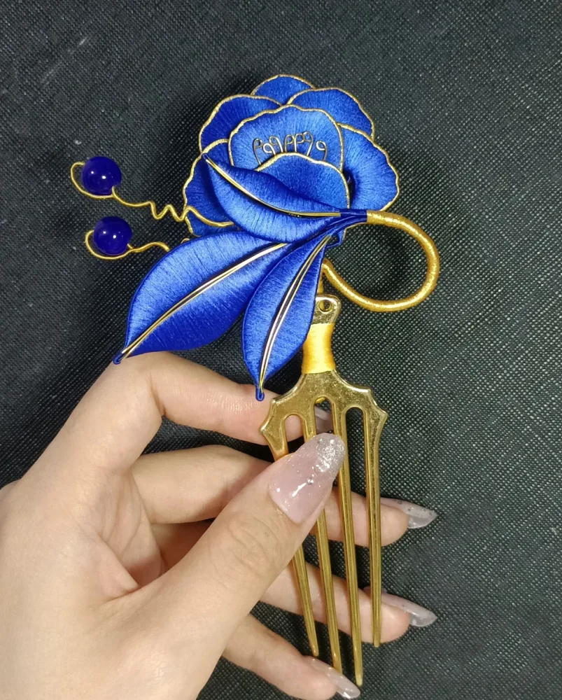 Blue Flower Handmade Hairpin - Silk Hairpin(Chanhua) – Image 2