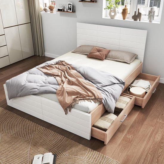 MIVRAY Lit en Bois 140x200 Cm - Lit Double Avec 2 Tiroirs Interchangeables - Avec Sommier à Lattes Et Espace de Rangement - Wit Chêne - Sans Matelas