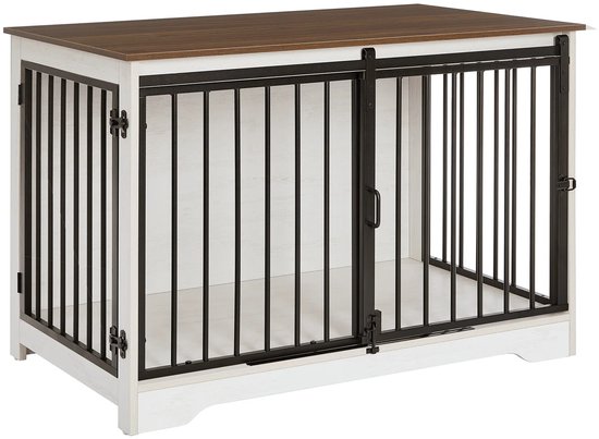 Meuble-niche Archi pour chien – Niche en bois pour chien - Porte coulissante et porte latérale - Meuble pour chien pour petits, moyens et grands chiens – Blanc/Marron