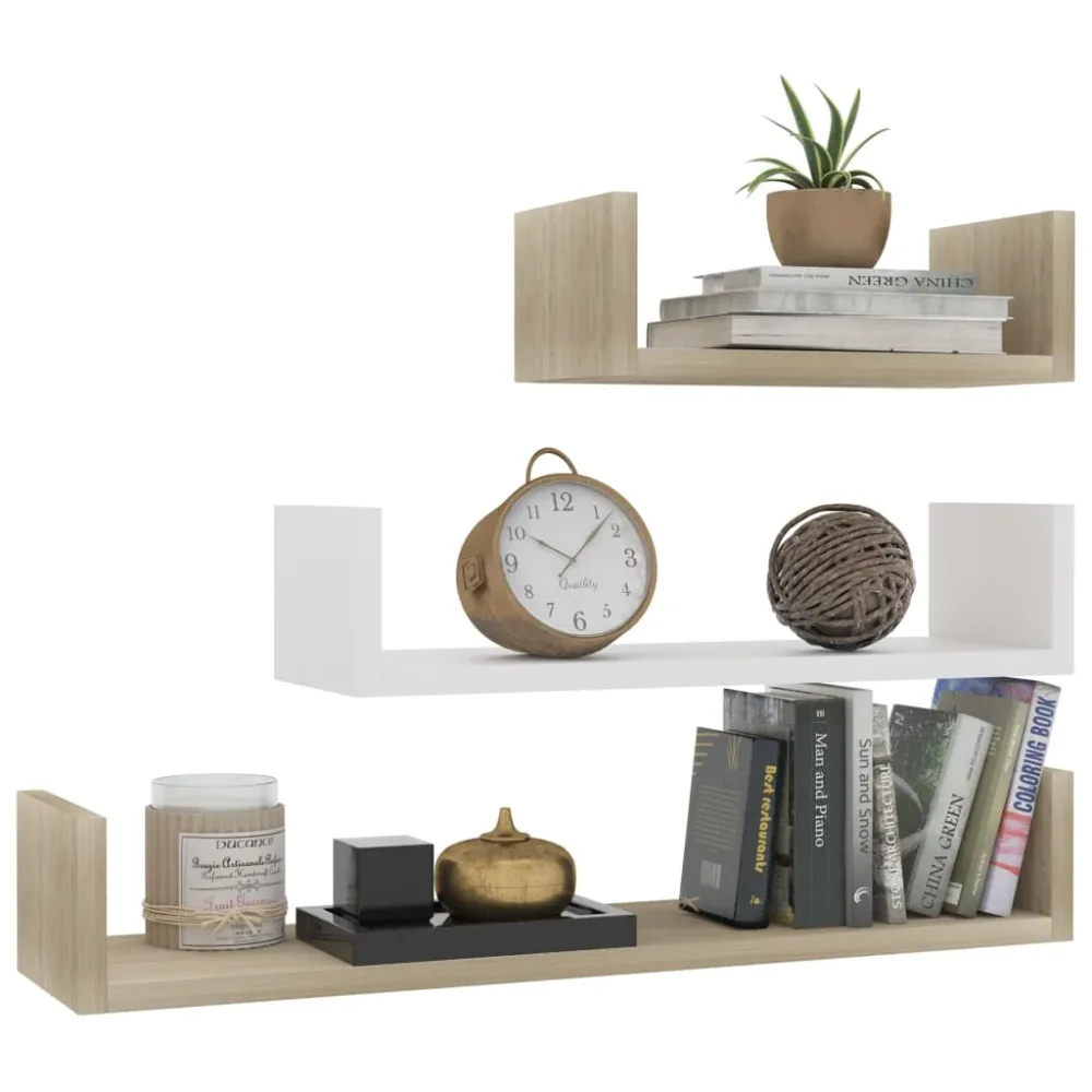 Wall Display Shelf 3 pcs White and Sonoma Oak Engineered Wood – Image 3