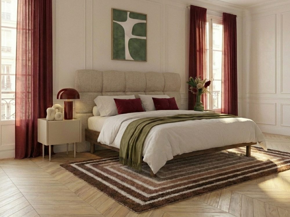 Lit KUMO tissu texture lattes massives pieds en bois naturel – Image 3