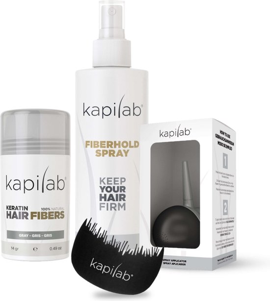 Kapilab Starterset Grijs - Fibres capillaires 14 gr + Fiberhold Spray + Toolkit - Tout pour des cheveux plus volumineux immédiatement