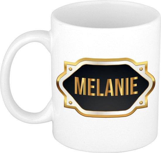 Mug cadeau naam Mélanie / tasse avec emblème doré - cadeau anniversaire / mère / retraite / passé / merci