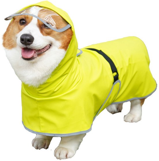 Imperméable réfléchissant pour chien - Imperméable pour chien - Protection ventrale réglable - Capuche transparente, imperméable - Imperméable avec poncho - Poncho pour animaux de compagnie - Jaune fluo - Medium