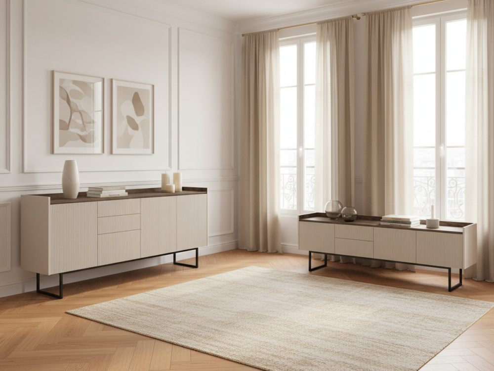 Ensemble LOUNA avec buffet 192 cm + meuble TV 192 cm beige et effet bois avec tasseaux et LED – Image 2