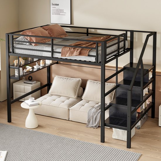 OKWISH Demi-hauteur 140x200 cm - Cadre Métallique & MDF - Avec Étagères de Rangement - Espace de Jeu Ouvert Sous Lit - Barrière de Sécurité - Zwart - Sans matelas