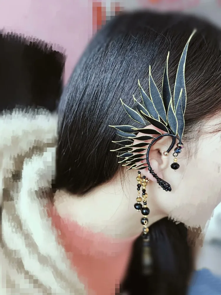 Black Wings Bespoke Earrings - Silk Earrings(Chanhua) – Image 3