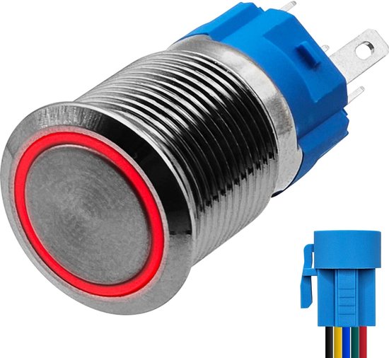 Interrupteur à poussoir métallique ProRide 12 V ON-OFF - 16 mm - Interrupteur marche/arrêt avec câble de connexion - Résistant aux éclaboussures - 12 V/24 V - Indication LED rouge