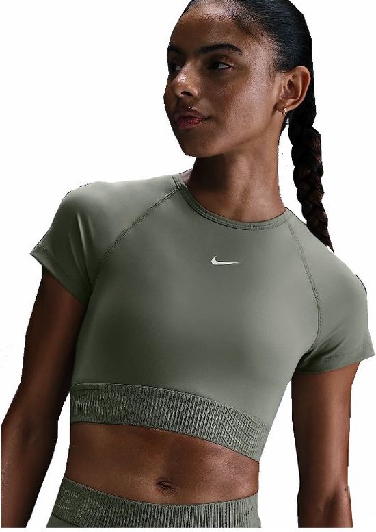 Haut court à manches courtes Nike Pro Dri- FIT pour femme - Armée légère/Kaki cargo/ White - HM6369-320 - Taille XS