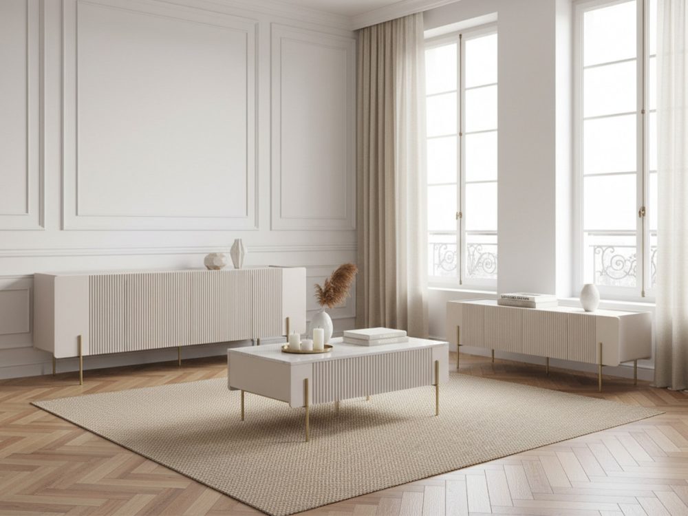Ensemble MATHILDE avec buffet 200 cm + meuble TV 200 cm + table basse 100 cm plateau effet marbre et pieds or – Image 2