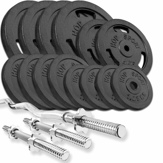 Hop Sport – Set d’haltères 77 kg – Barre curl SZ 120 cm – 2 Haltères courts 40 cm – Disques d’haltères en fonte 30 mm Hop Sport – Set d’haltères 77 kg – Barre curl SZ 120 cm – 2 Haltères courts 40 cm – Disques d’haltères en fonte 30 mm