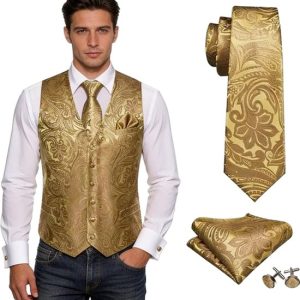 Gilet doré pour homme avec cravate – Mariage – Smoking – Costume – Blazer Gilet doré pour homme avec cravate – Mariage – Smoking – Costume – Blazer