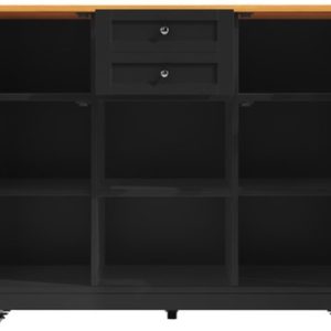 Îlot de cuisine, desserte avec plan de travail, buffet, desserte avec veinage de bois, porte-serviettes latéral, portes d&rsquo;armoire 3D avec roulettes, séparateurs réglables, Zwart