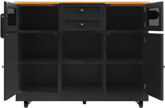 Îlot de cuisine, desserte avec plan de travail, buffet, desserte avec veinage de bois, porte-serviettes latéral, portes d'armoire 3D avec roulettes, séparateurs réglables, Zwart