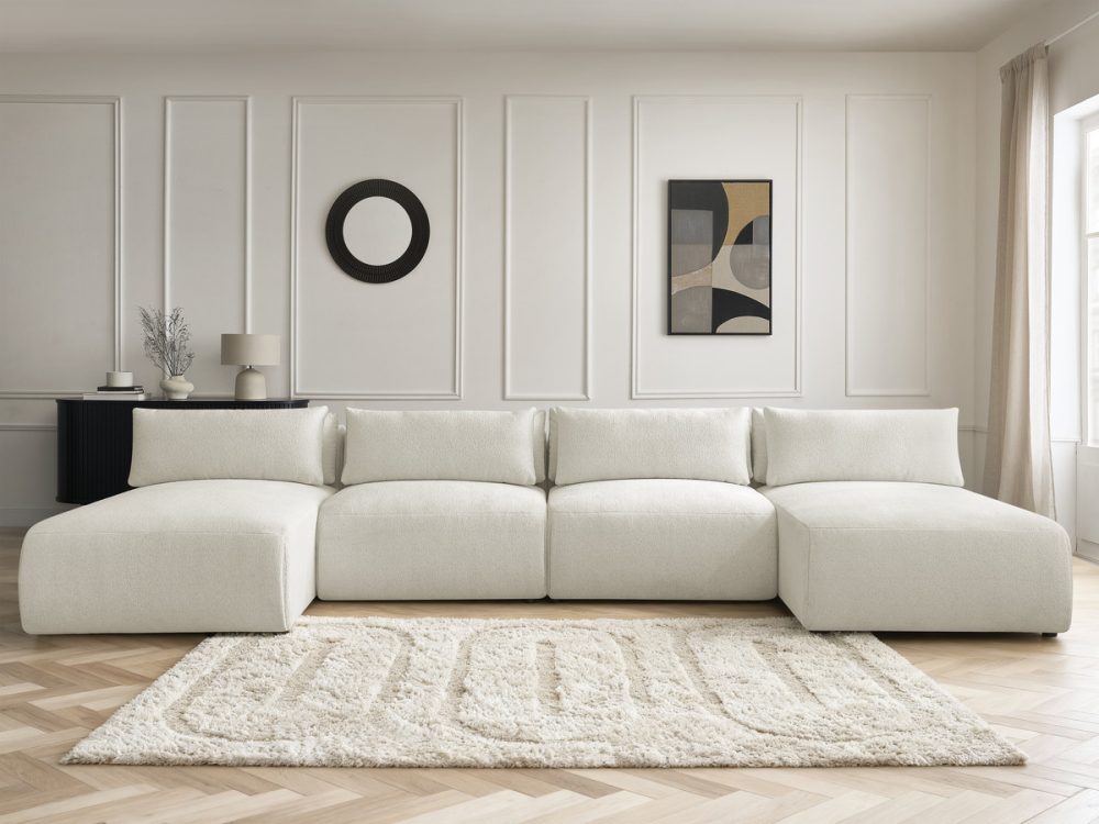 Canape panoramique fixe modulable avec tetieres JANA tissu chine avec 2 meridiennes et 2 chauffeuses – Image 2