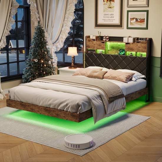 Lit Métallique Flottant 140x200 cm avec LED RGB & Station de Charge USB-C – Lit Deux Personnes avec Tête de Lit Rembourrée et Espace de Rangement, Design Moderne pour Adultes & Adolescents
